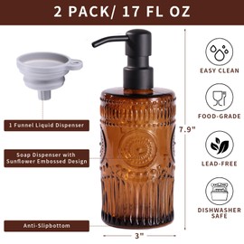 Simeitol 17 OZ Amber Glass Soap Dispenser with Black Stainless Steel Pump, Sunflower Embossed Glass Soap and Lotion Dispenser Set, Liquid Hand Soap Dispenser for Kitchen & Bathroom (2 Pack)