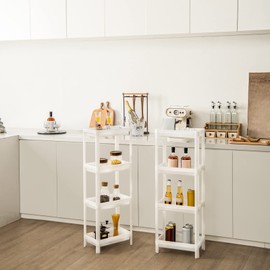 S AFSTAR 4 Tier Plastic Storage Shelf Rack Set of 2, 39-Inch Tall Floor Storage Shelving with Drainage Holes, Plastic Narrow Shelves for Small Space, Multipurpose Shelving Unit for Bathroom Laundry