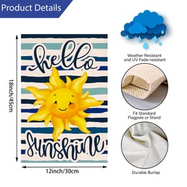 YBTLhome Hello Sunshine Summer Garden Flag 12x18 Vertical Double Sided Stripe Sun Farmhouse Holiday Outside Decorations Burlap Yard Flag