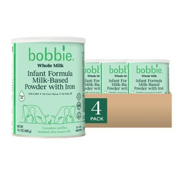 Bobbie Whole Milk, Grass Fed Infant Formula with Iron, Plant Based DHA and ARA, Vitamin D and Protein Blend Modeled After Breast Milk, For Newborn Baby to 12 Month Old, 14.1 oz, 4 Pack