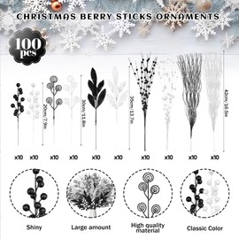 Thiccywoov 100 Pcs 17'' 12'' Black and White Christmas Tree Picks and Sprays Artificial Glitter Christmas Berry Stem Picks Fake Vase Filler Twigs Ornaments for Xmas Tree Decorations Crafts