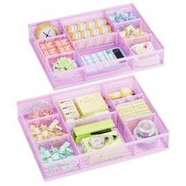 Marbrasse 2 Pack Desk Drawer Organizer, Mesh Drawer Organizer Tray with 8 Adjustable Compartments, Desk Organizers and Accessories, 5 Dividers Drawer for Office Supplies, Makeup & Vanity (Purple)