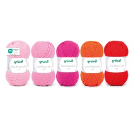 Gründl Wool Lisa Premium Plain 5 x 50 g Mix - Knitting Yarn - Crochet Yarn - 100% Polyacrylic - Super Soft and Easy Care - Pink/Orange/Red