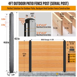 Wowace 4ft (H/48in) Heavy Duty Fence Post - Serial Post for Outdoor Patio, Backyard and Garden Privacy Fence (1pack-Matte Black)