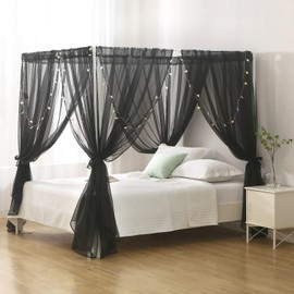 WANFASO Chiffon Black Bed Canopy Queen Size, Gothic Style Girls Canopy Bed Curtains, 4 Post Bed Curtains for Adult Room Decor