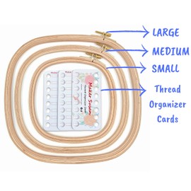 Maker Susan 3 Pcs Beech Wood Square Embroidery Hoop Set, Premium Quality Cross Stitch Hoop and Frame, Punch Needle Hoop with Embroidery Thread-Floss Organizer Cards for Embroidery (3 Sizes Set)