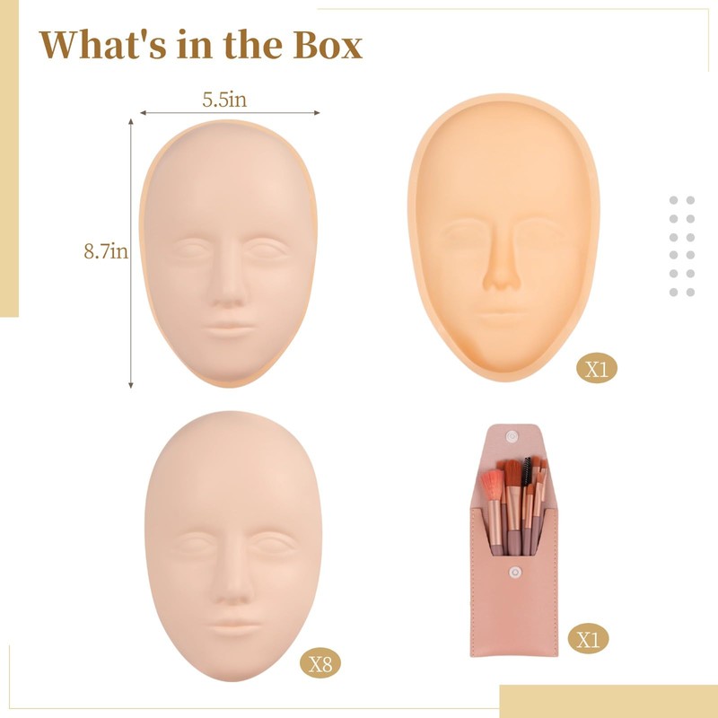 Silicone Mannequin Face Set - 8 Pcs, Practice Face Board,