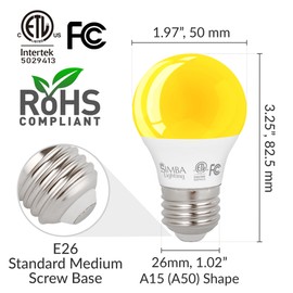 Simba Lighting LED Bug Non-Attracting Yellow Bulb ETL Listed 5W 40W Equivalent (4 Pack), Great for Outdoor Porch Light, Patio, Security, Night Light, Amber Warm Light, Compact A15 Shape E26 Base