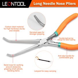 LEONTOOL Long Needle Nose Pliers 7 Inches Extra Long Reach Bent Needle Nose Pliers with Serrated Jaw Lanyard Curved Handle Jewelry Pliers For Jewelry Making, Bending Wire and Small Object Gripping