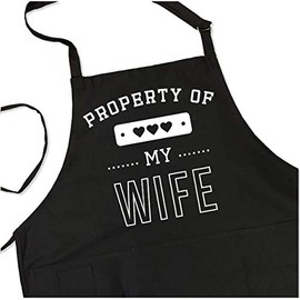 ApronMen, Property of My Wife Funny Aprons For Men with Adjustable Straps One Size Fits All BBQ Grilling Aprons With Pockets - Professionally Printed Gifts For Dad