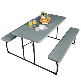 MEDIMALL Folding Picnic Table Bench Set, Outdoor Camping Table Set, Portable Folding Table w/2 Benches for Patio, Garden, Lawn, Poolside, Rectangular Picnic Table w/Heavy Duty Frame, Grey (Grey)