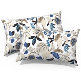 Melody Elephant Outdoor/Indoor Lumbar Pillows, Water Repellent Cushion Pillows, 12x20 Inch, Outdoor Pillows with Inserts for Home Garden, Pack of 2, Breeze Leaves Beige