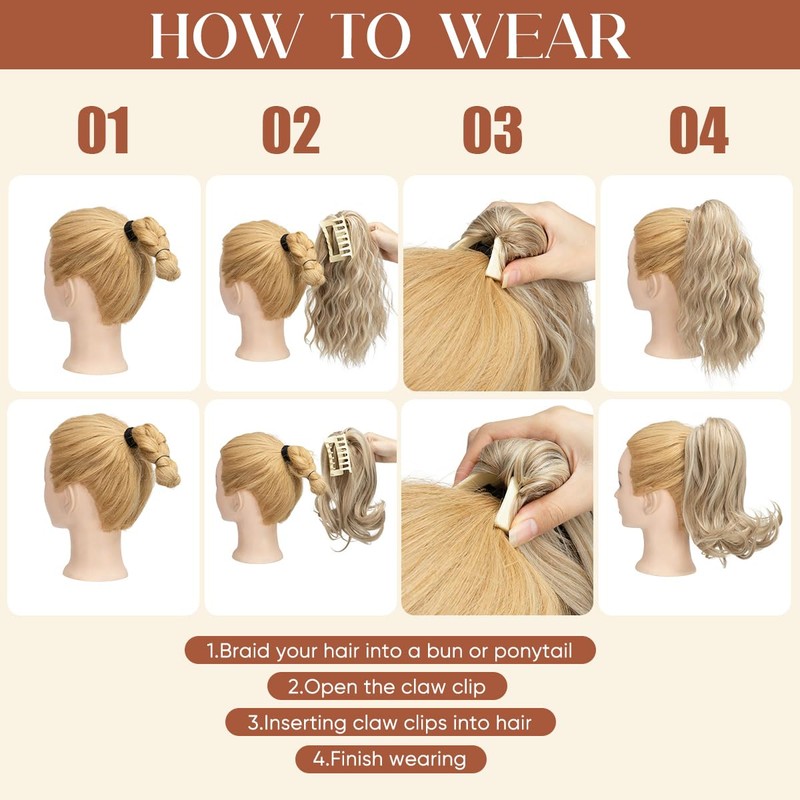 2 PCS Ponytail Extensions Claw Clip Short Pony Tails Wavy