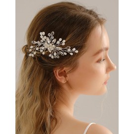 Lenjicons Dainty Pearls Rhinestone Hair Comb Elegant Rhinestone Pearls Headpiece Wedding Hairpiece Handmade Bridal Hair Combs Wedding Hair Accessories for Women (silver)
