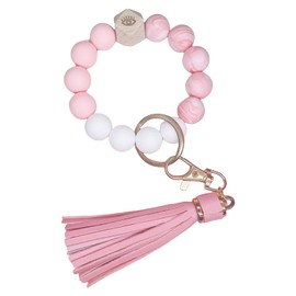 SUSOYAOCHEN Silicone Beaded Bracelet Keychain Car Beaded Key Ring Bangle Wallet Keychain Wristlet for Women (Pink)