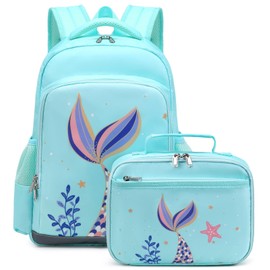 JIANYA Girls Backpack for School Kids Mermaid School Bags Girl‘s Kindergarten Backpacks with Lunch Box & Chest Strap, Light Blue