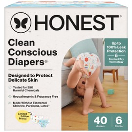 The Honest Company Clean Conscious Diapers for Sensitive Skin | Up to 100% Leakproof | Hypoallergenic, Fragrance Free | Summer '25 Limited Edition Prints | Club Box, Size 6 (35+ lbs), 40 Count
