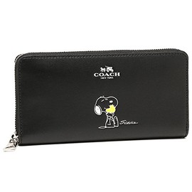 Coach F53773 Coach F53773 SV/BK Snoopy Accordion Zip Calf Leather Wallet Long Wallet Black, Black