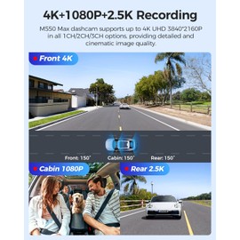 AZDOME M550 Max 4K 3 Channel Dash Cam, Dual STARVIS Sensors, 4K+2.5K+1080P Front and Rear Inside Triple Car Camera, Built-in WiFi GPS, 64GB Card Included, IR Night Vision, WDR, 24H Parking Mode