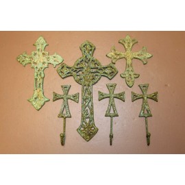 Old World Christian Wall Crosses / Coat Hooks Entryway Decor Set - Lewis 6