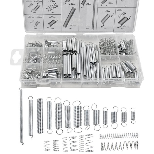 200Pcs Springs Assorted Set, Tension Springs Assorted, Metal Springs Assortment Set with Small Compression and Extension Springs Set Box of Assorted Springs