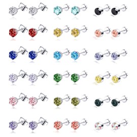 Tornito 20G 18 Pairs Stainless Steel Multicolor CZ Stud Earrings Set Piercing Cartilage Helix Earrings Set Screwback for Women 3MM-5MM