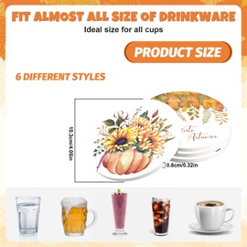 Whaline 6Pcs Fall Coasters with Holder Watercolor Autumn Pumpkin Sunflower Ceramic Coasters Absorbent Cup Mat for Thanksgiving Harvest Home Kitchen Office Party Table Decor