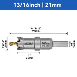 Mollom (13/16''|21mm) Heavy Duty Carbide Hole Saw with 2 Pilot Drill Bits, Hole Cutter cuts Stainless Steel, mild Steel, Iron, Copper, Brass, Plastic