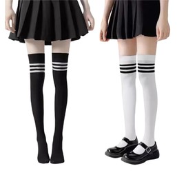 Wdlife Women's High Socks, 2 Pairs of Socks, Stockings, Compression, Summer, Knee Socks, Compression for Beautiful Legs Below Knee, Smooth Texture, Long Socks, Solid, Soft, Breathable Black, White