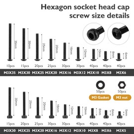 Gueenky Pack of 1600 M3 Black Hexagon Socket Screws Set with Nuts and Washers Assortment Set, 12.9 Carbon Steel, Cylinder Screws and Rounded Head Screws Machine Screws