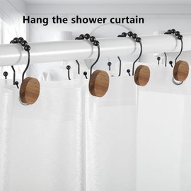 Double Shower Curtain Hooks, Wood Decorative Shower Curtain Rings, 12 PCS Log Curtain Rings, Rustproof & Waterproof Metal Shower Curtain Hangers for Shower Curtain Rod, Bathroom, Bedroom (Black)