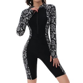 Women Long Sleeve Rashguard Swimsuits: One Piece Bathing Suit Boyleg UV UPF 50+ Sun Protection Surfing Athletic Swimwear XXXL Black Floral