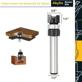 Akylin Pattern Flush Trim Router Bit 1/4 Inch Shank, 3/8" Cutting Dia, 1/4" Cutting Length, Top Bearing Flush Cut Router Bit, Template Guide Wood Milling Cutter Tool for Trimming, Grooving