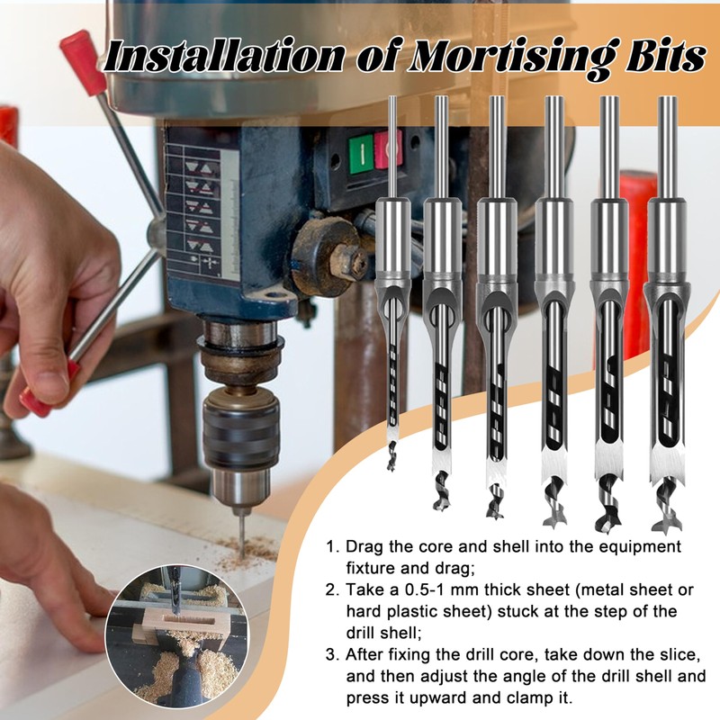 Square Hole Drill Wood, 8 Pieces Woodworking Drill Bit 6/6.4/8/9.5/11/12.7/14/16