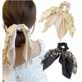 Herbeluemily Scrunchie Ribbon, Hair Ornament, Large, Flower Pattern, Pearl, Hair Elastic, Adult Hair Arrangement, 2D, Black, Beige