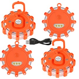 VANCLE USB-C Rechargeable LED Road Flares Roadside Emergency Light, Safety Warning Flashing Flare Beacon Disc Strobe Traffic with Magnetic Base for Construction Vehicles Truck Boat(Amber,4 Pack)