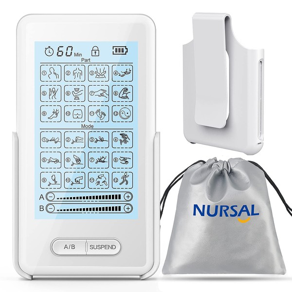 NURSAL Dual Channel TENS Unit Muscle Stimulator for Pain Relief Therapy with 16 Pads & 24 Modes, Touchscreen TENS EMS Unit with Back Clip, Easy to Operate for Elder