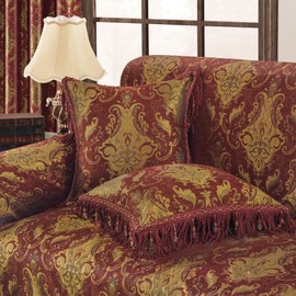 TOPLUXE Damask Cushion Cover with Tassels, Decorative Throw Pillow Cover with Invisible Zipper, Soft Square Pillowcase 45x45 cm for Sofa Couch Living Room Bedroom (Burgundy)