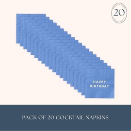 Bonjour Fête Light Blue Happy Birthday Small Party Paper Napkins | 3-Ply Fancy Napkins | Party Supplies Decorations | Premium Cocktail Napkins | Gold Foil | Party Table Decor | Pack of 20, 5" Folded