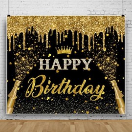 Happy Birthday Backdrop Black and Gold Backdrop for Boys Girls Woman Birthday Party Backgound for Photography Gold Foil Backdrop for Party Baby Shower Banner Portrait Photo Studio Prop Vinyl 10x8ft