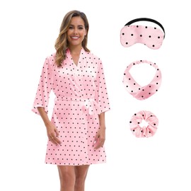 MEEYI Satin Robe for Women Print Short Silky Kimono Robes Lightweight Summer Bathrobe with Eye Mask Headband Hair Tie (Pink Polka-dots, Small-Medium)