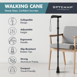 GPTCAMP Walking Cane for Men & Women,T-Grip Handle Adjustable Canes | Collapsible & Folding Design, Anti-Slip Pivot Tip, Lightweight Durable Walking Sticks for Seniors & Adults（Black）