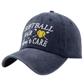 Softball Hair Don't Care Hat, Vintage Washed Cotton Adjustable Embroidered Sport Baseball Cap (as1, Alpha, one_Size, Embroidered Navy)