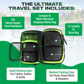 COR Surf Carry On Travel Backpack Bundle | Island Hopper Travel Backpack with Toiletry Bag and Compression Packing Cube Set (28L 2.0, Black with Green Zipper)