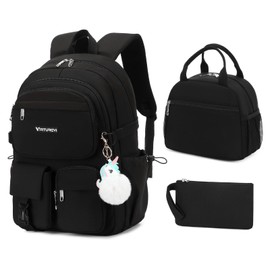 VIRTUREVI 3PCS Student Laptop Backpack For School Women Middle High School Teen Girls Bookbag BLACK