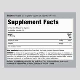 Piping Rock Quercetin Zinc Complex | 1100 mg | 60 Capsules | Non-GMO, Gluten Free Supplement