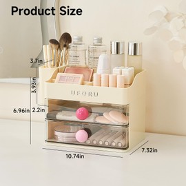 UFORU Makeup Organizer for Vanity with Brush Holder, Bathroom Counter Organizer with 2 Clear Drawers, Cosmetic Display Case for Beauty Essential, Skincare, Lipstick, Cream White&Pink
