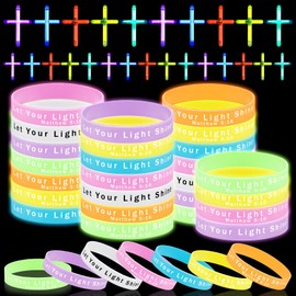 ShinyRelief 50 Pcs Glow in the Dark Christian Party Favors Silicone Bracelets for Kids Plastic Cross Necklace Bulk Sunday School Bible Verse Wristbands Luminous Pendant for Religious Gifts