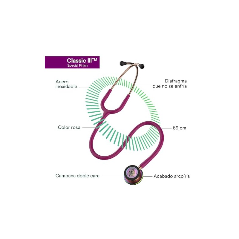 3M Littmann Estetoscopio Classic III, Manguera Color Frambuesa, Acabado Arcoiris,