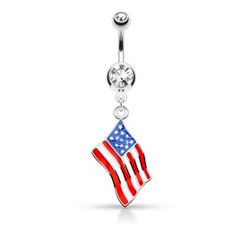 Pierced Owl 14GA Epoxy National Country Flag with Gem Dangling Belly Button Ring, Metal, cubic-zirconia